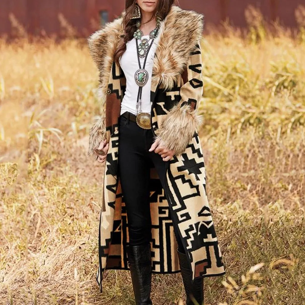FEITONG manteau femme женская зимняя теплая винтажная куртка с принтом женская Повседневная Длинная куртка с меховым воротником верхняя одежда кардиган