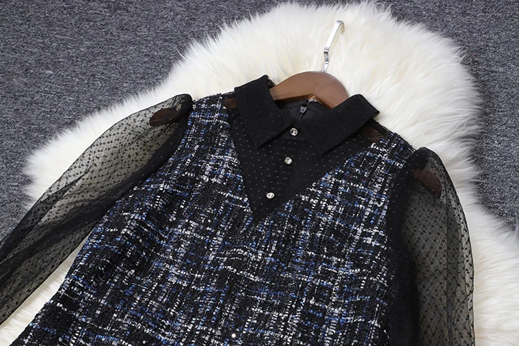 AELESEEN European Office Lady A-Line Dresses High Quality Woollen Luxury Mesh Lantern Sleeve English Style Plaid Mini Dress