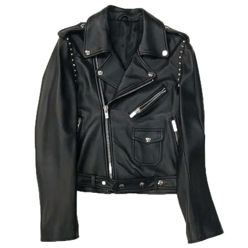 Genuine Leather Jacket Women Fashion Punk Real Sheepskin Slim Fit Motorcycle Rivet Ladies Coat Outerwear Female jaqueta de couro