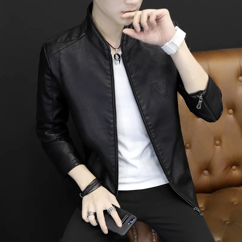 

2019 Autumn & Winter Leather Coat Korean-style Youth Stand Collar Men PU Leather Jacket Slim Fit Coat Men'S Wear
