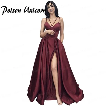 

Burgundy Muslim Evening Dresses Long Satin 2020 Sexy Split A-Line Prom Dress with Pockets Spaghetti Straps V Neck Evening Gown