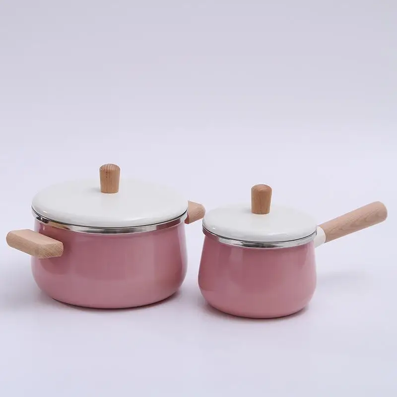 Pink 14cm Studyset домашняя кухня антипригарный горшок эмаль деревянная ручка для приготовления пищи дополнительная еда, молоко кухонная посуда - Цвет: Pink 14cm