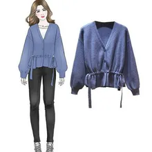 Осенне-зимний вязаный кардиган свитер женский узкий пояс на шнуровке короткий женский v-образный вырез приталенный открытый сшитый кардиган