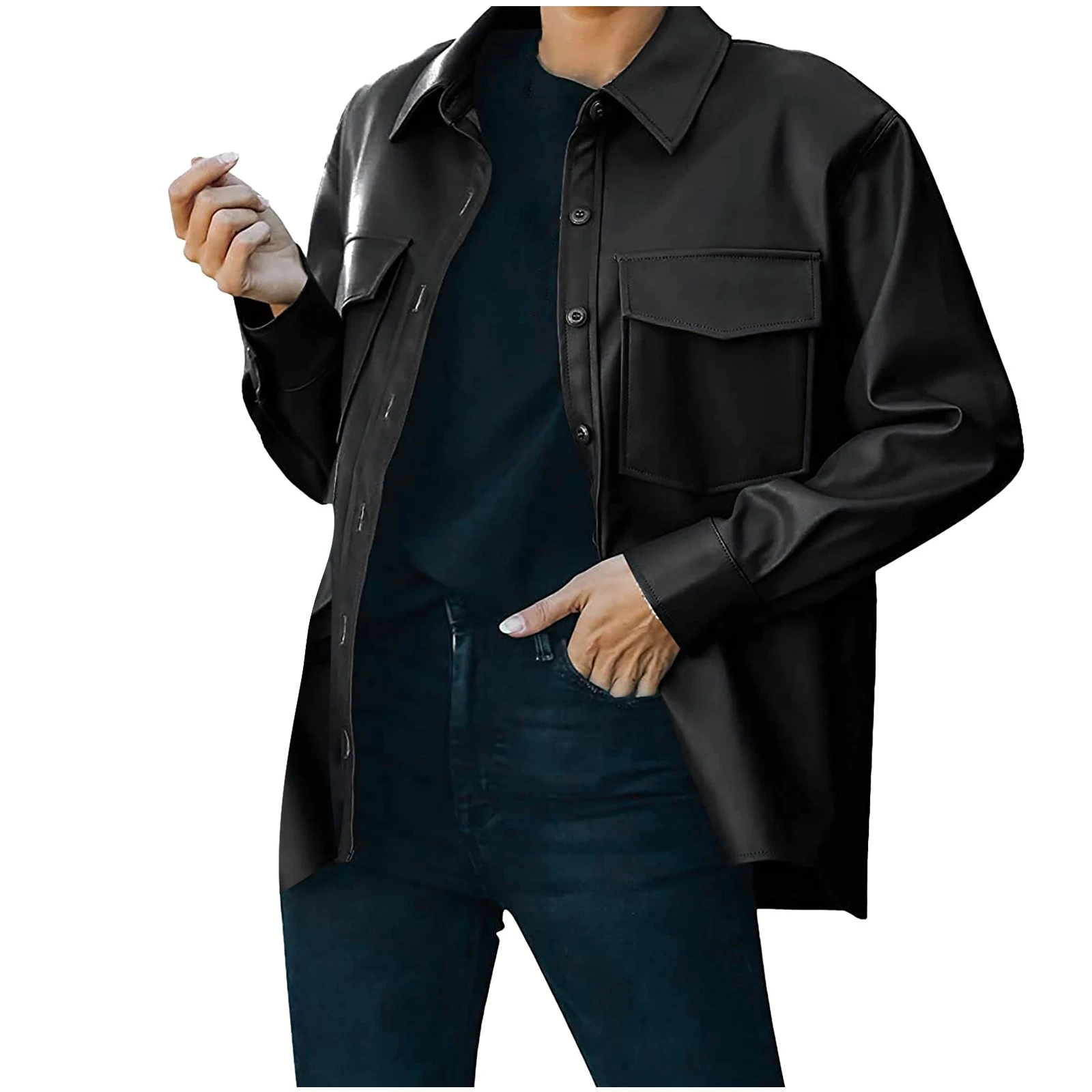 Chaqueta de cuero con bolsillos en el pecho para mujer, abrigo informal de manga larga con botones, color sólido, básicas| - AliExpress