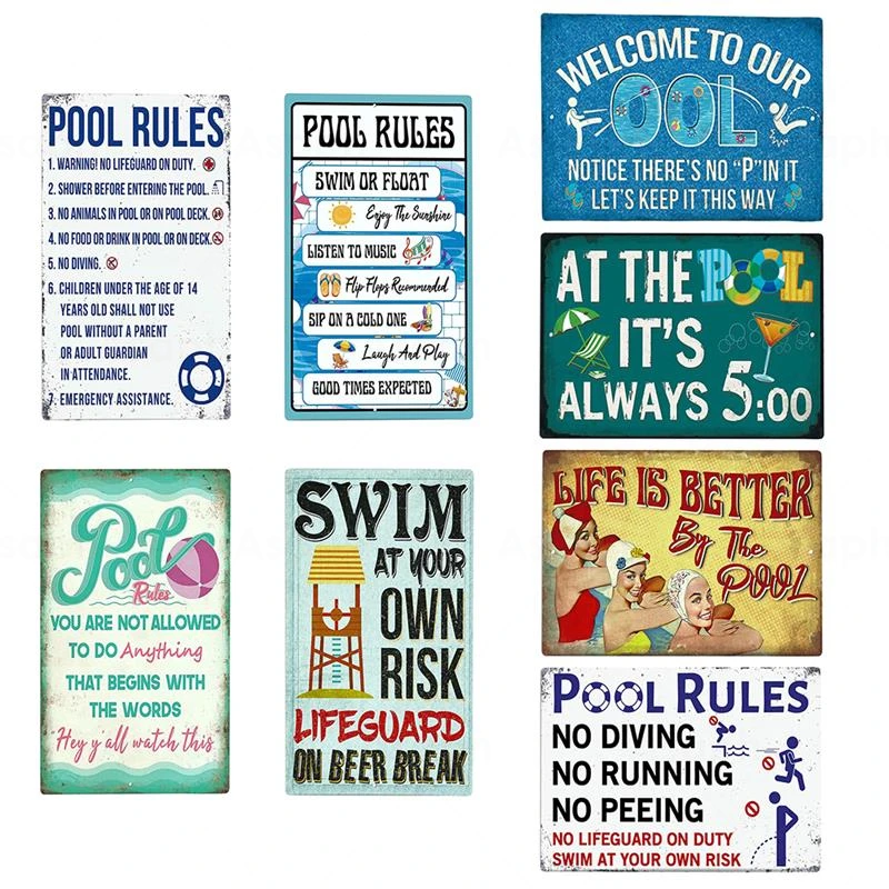 VintageFunnyPoolRuleSignSwimmingPoolSignageMetalPoolSignfor
