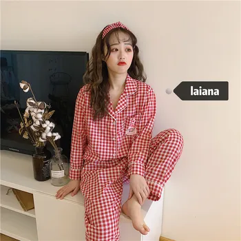 

Spring New Plaid Pajama Set Casual Cotton Cute Pig Button Button Home Service sleepwear Long dress long pants nightdress 2Pcs