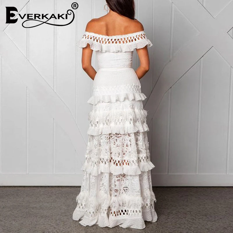 Everkaki Boho белые макси платья женские свадебные оборки, открытые плечи элегантные женские ночные платья Длинные платья женские Новые