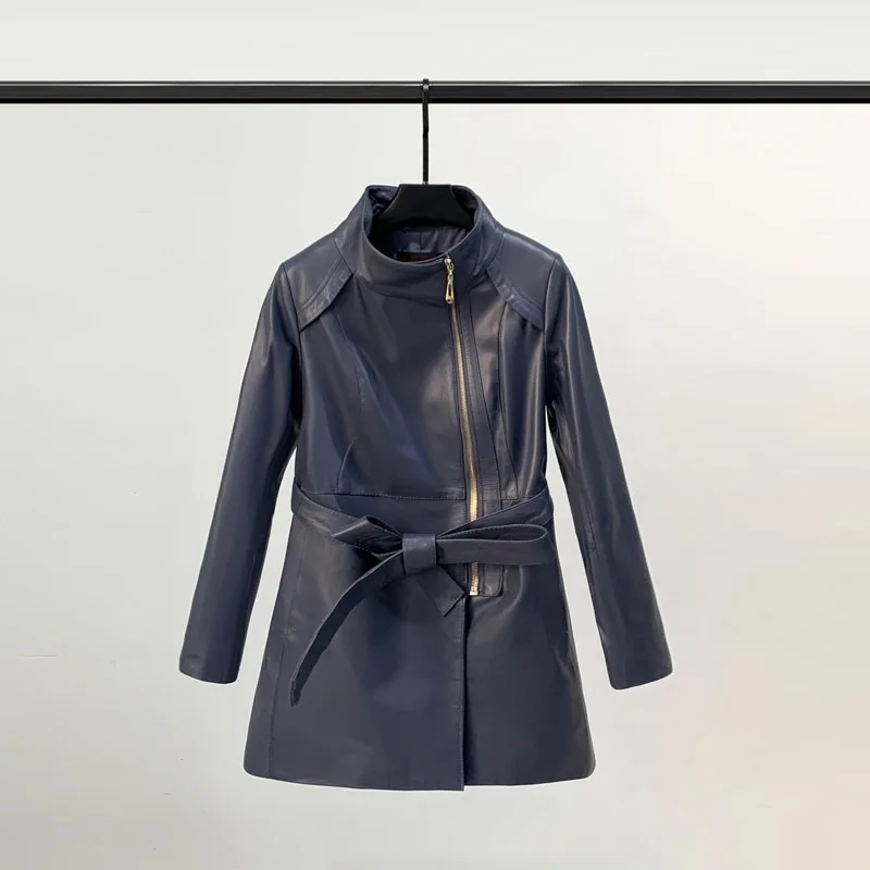 

Spring 2021 New Leather Coat Women's Long Windbreaker Sheep Leather Stand Collar Tie Casual Thin Coat
