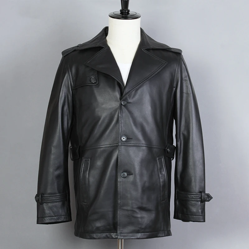 Мода 2020 Мужская натуральная кожа черная овчина однобортное зимнее пальто для