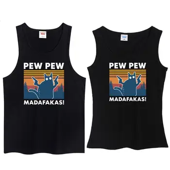 

2020 fashion Pew Pew Madafakas T Shirt Novelty Funny Cat Vintage Crew Neck Men's 100% cotton vest Funny women Shirt Humor Gift