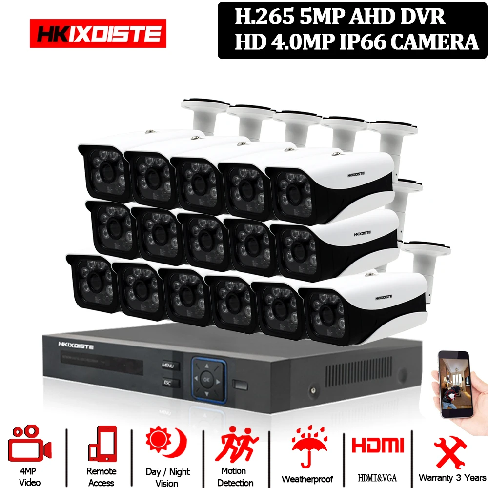 5MP CCTV System 16CH DVR kit 16pcs 4MP low illumination Camera Metal Waterproof Outdoor indoor HD Remote View | Безопасность и
