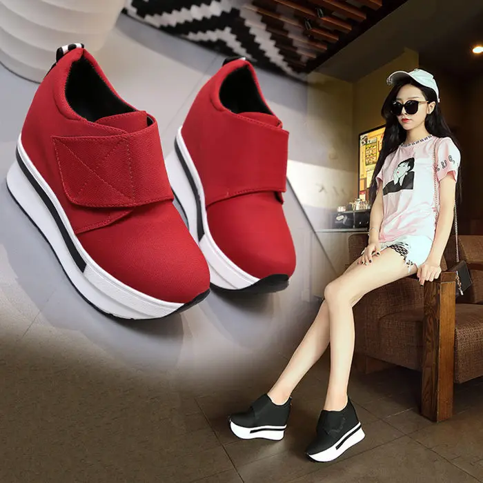

Hook & Loop platform sneakers brand tennis Elegant Sweet modis Solid Cotton Fabric Canvas Rubber High spring vulcanize woman