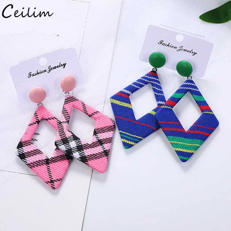 

Bohemian Handmade Cloth Drop Earrings Women 2019 Unique Design Houndstooth Plaid Big Geometric Earring Fashion Indian Jewelry