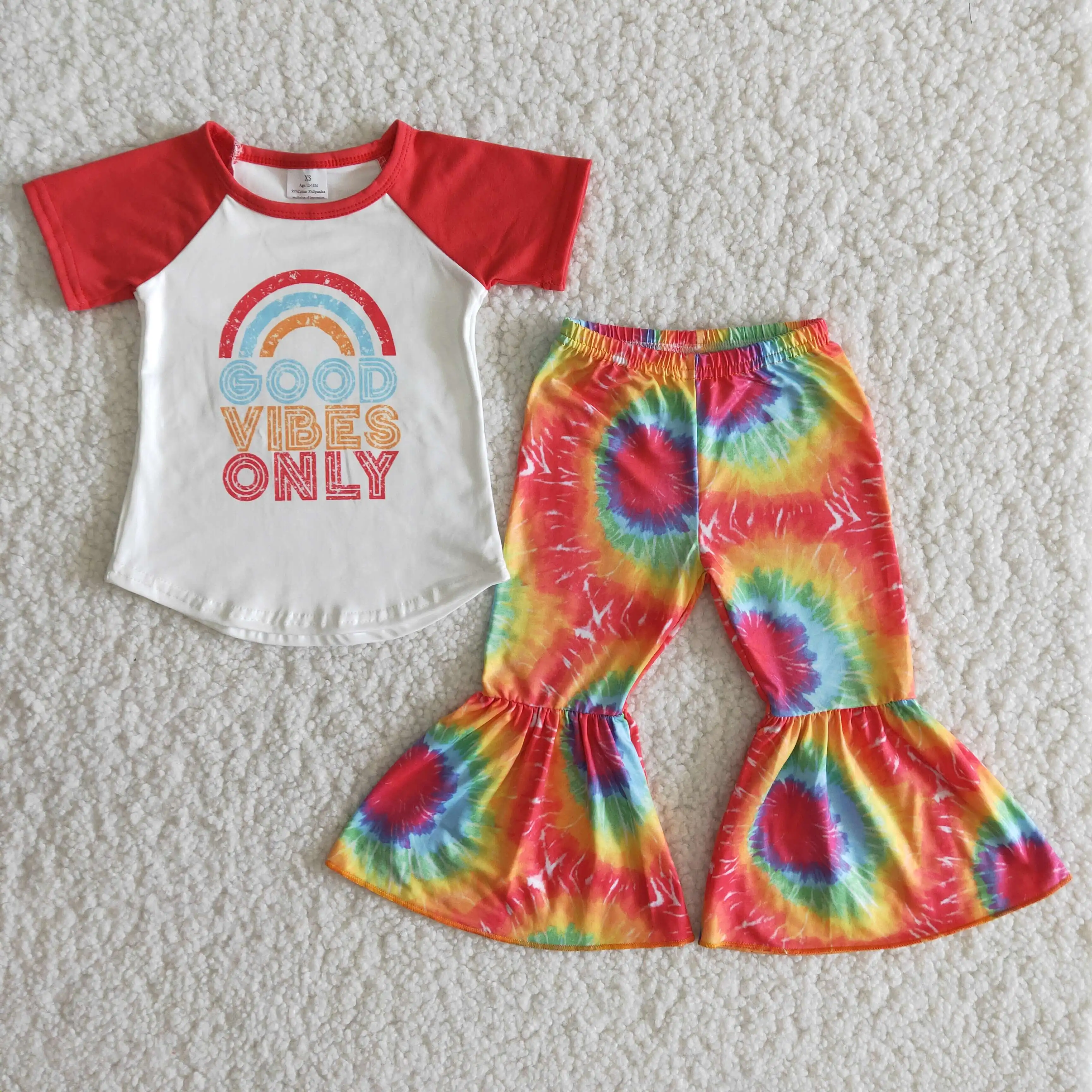 

New Toddler Girls Tie Dye Bells Styles Rainbow Letter Print Raglan Shirt Short Sleeve Spring Kids Wear Clothes Sets