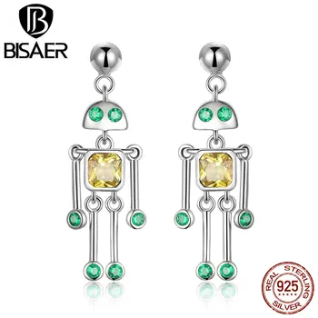 

BISAER Hot Sale 925 Sterling Silver Original Yellow Green CZ Little Robot Shape Drop Earring For Jewelry Making Gift HSE491