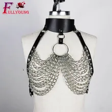 Fullyoung сексуальный бюстгальтер бондаж металлическая цепочка кожаный ремень безопасности Фетиш клетки подтяжки панк бондаж из ремней Регулируемый пастельный, готический
