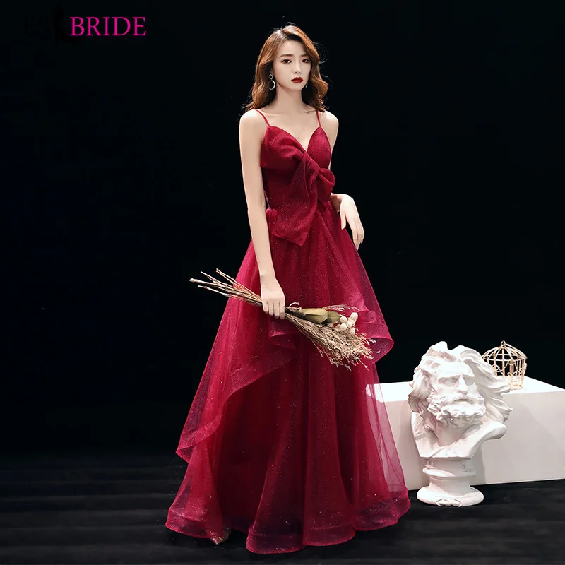

Burgundy Sexy Evening Dress long 2019 A Line Pleat V-Neck Evening Dresses Party Vestido De Festa Tulle Prom Gowns ES30247