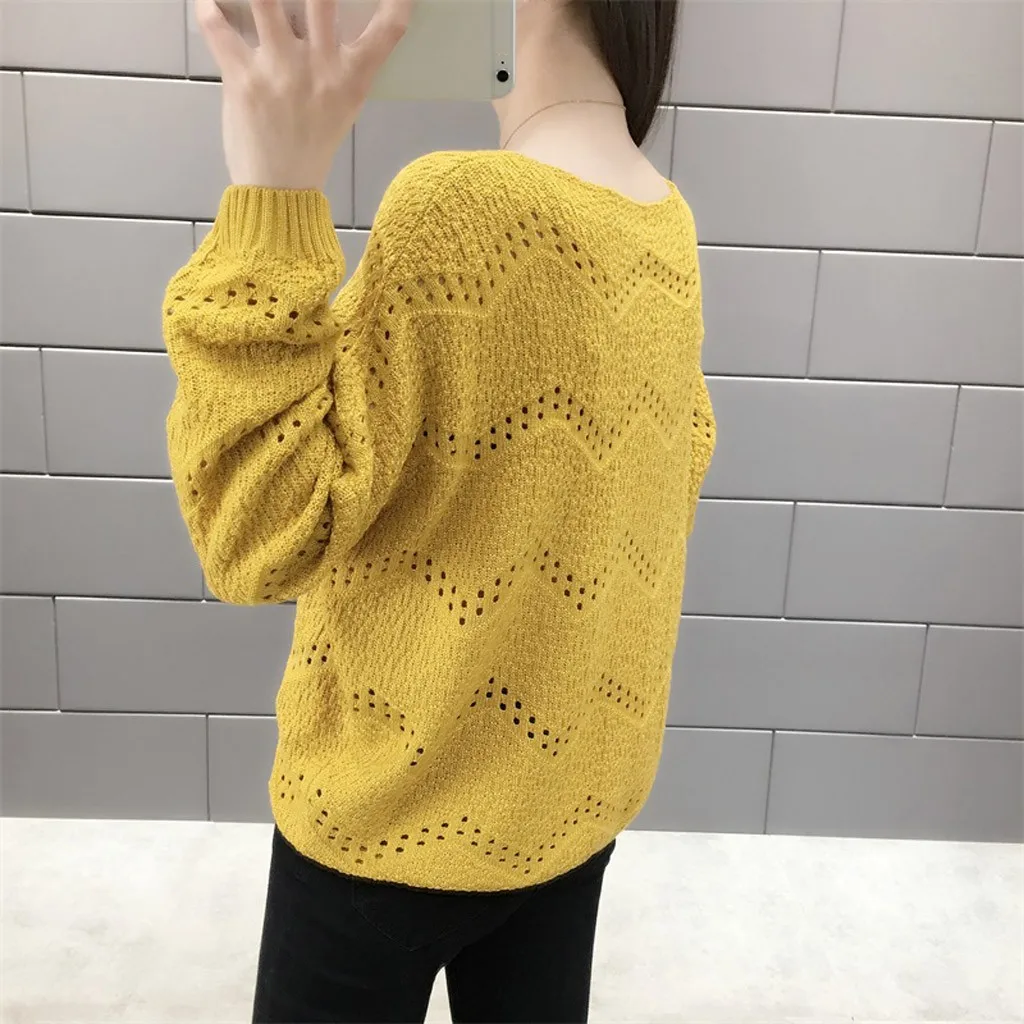 Jaycosin Fashion Women Casual Simple Long Sleeve Knitting V-Neck Sweater Stylish Comfortable Bottoming Hollowed Out Sweater