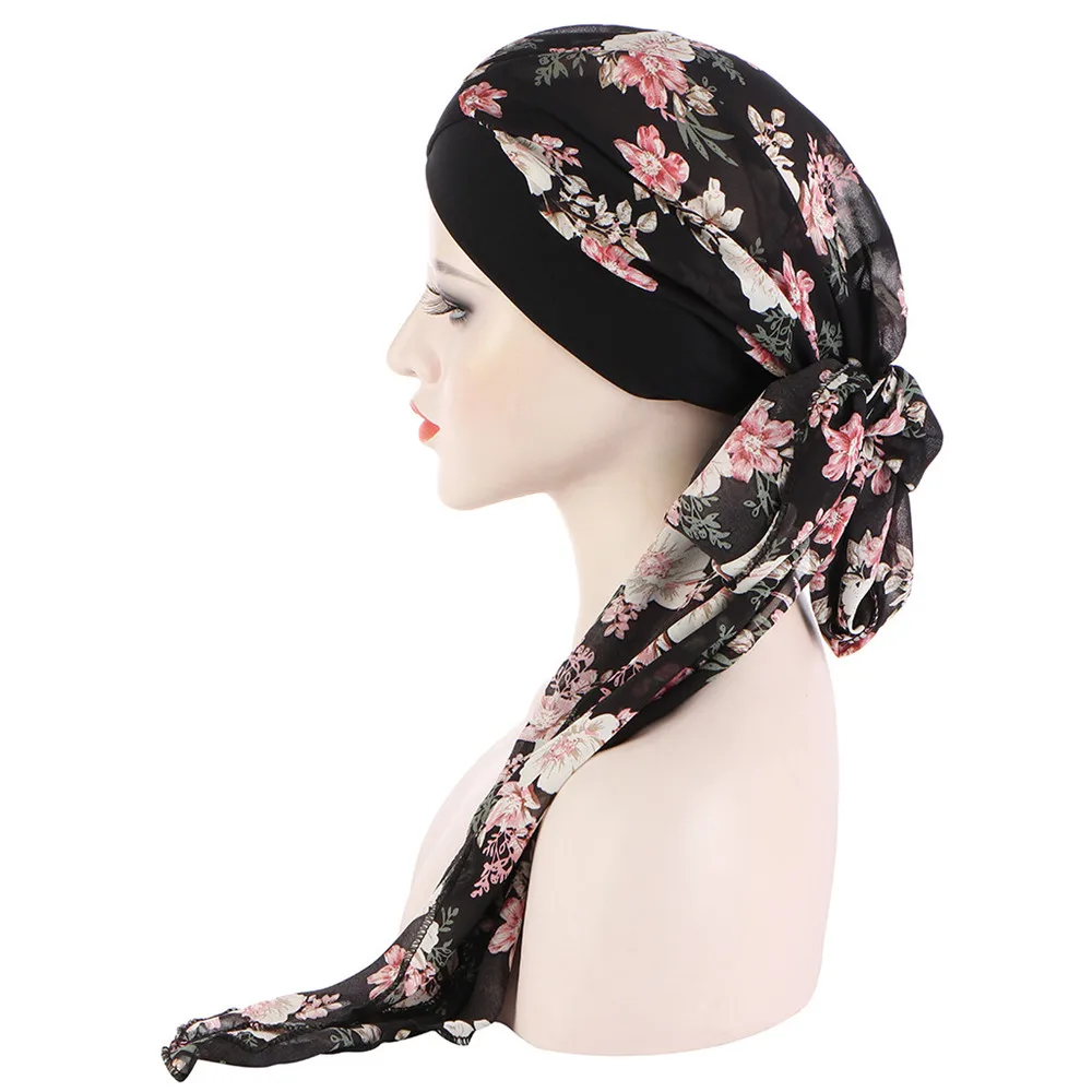 Muslim Women Chiffon Long Headscarf Shawl Islam Turban Indian Cap Floral Print Hijab Beanie Hair Loss Choker Boho Wraps Fashion muslim headwear head scarf shawl scarf hijab headscarf female head wraps