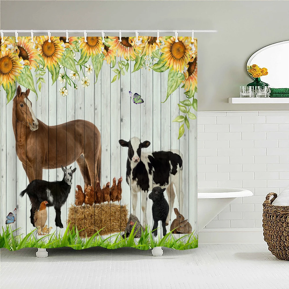 

Farm Animals Waterproof Shower Curtains 3D Printed Horse Cow Chicken Sheep Shower Curtain Bathroom Decor Polyester Bath Curtain