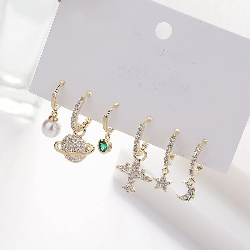 

High-end Gold Color Dangle Earrings Set Micro Paved Cubic Zircon Plane Moon Star Earrings for Women