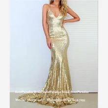Шампанское золото блестками вечернее платье Русалка Длинные Сексуальные Спагетти ремень Формальные Выпускные платья вечерние платья