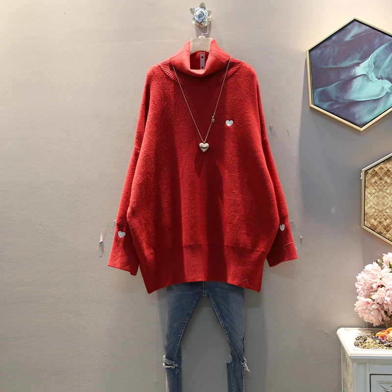Осень зима узор водолазка воротник длинный рукав Emroidery Pulloveres Streestwear свитер женский F932 - Цвет: red