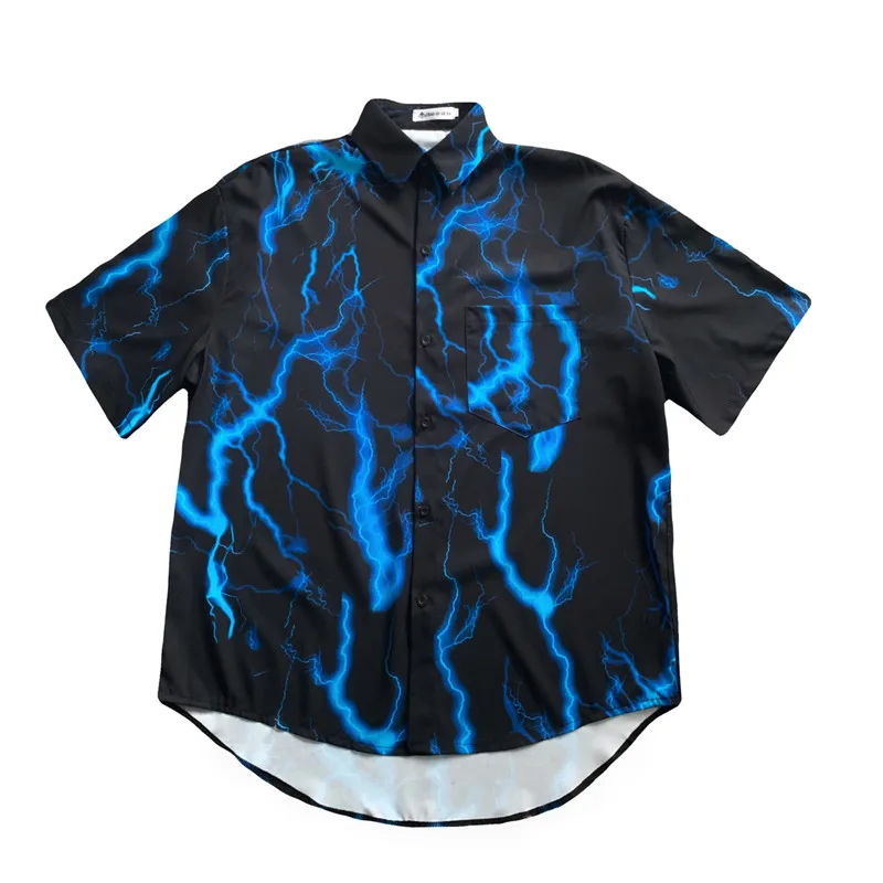

New Japanese hip-hop street lightning print loose short-sleeved shirt