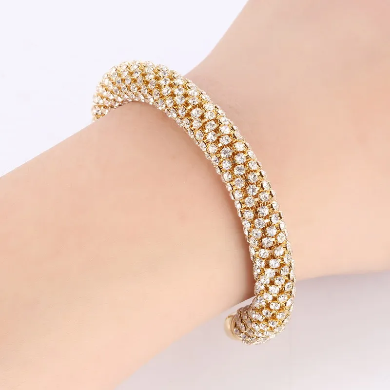 Open Cuff Bracelets Bangles For Women Gold Silver Color Crystal Rhinestone Chain Expandable Bracelet Jewelry Gift High Quality