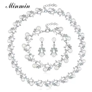 

Minmin Elegant Gold Simulated Pearl Wedding Jewelry Set 2019 Luxury Shiny Crystal Leaf Bridal Necklace Earrings Set TL578