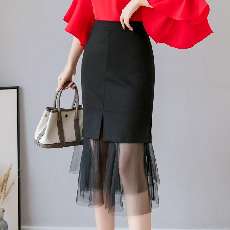 Черный Faldas Mujer Moda элегантные весенние модные красные юбки женские черные корейские офисные летние юбки с высокой талией размера плюс - Цвет: Черный