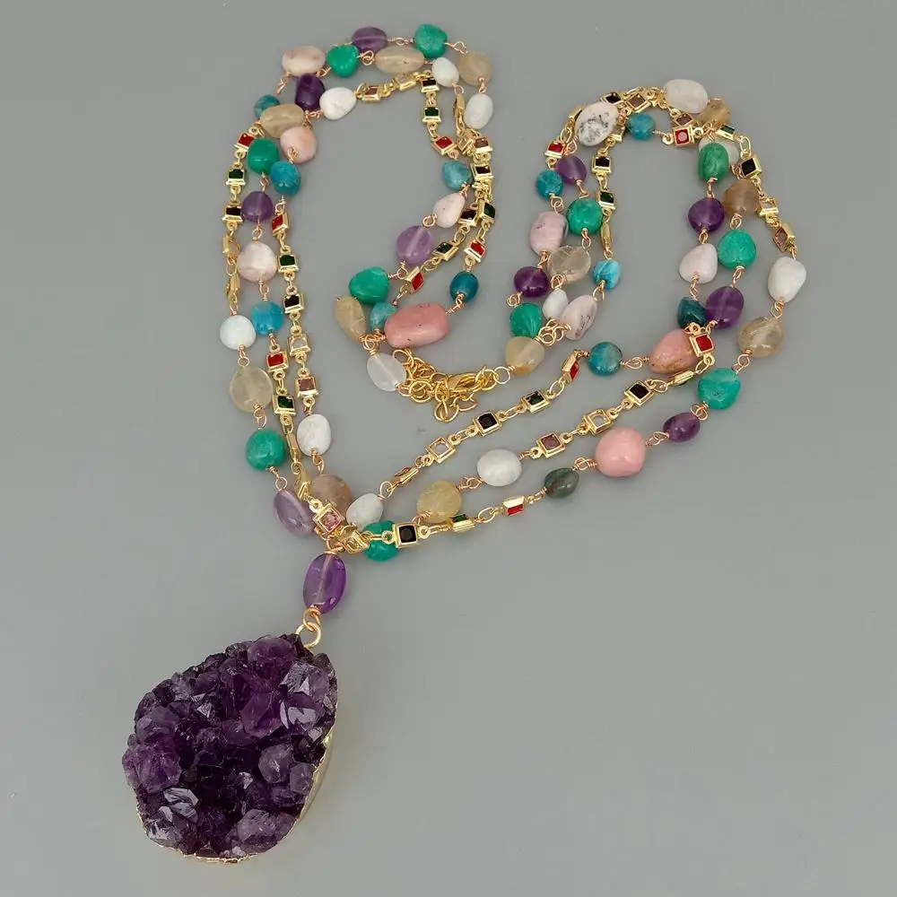 Y · YING naturel Multi semi-précieux Quartzs chapelet chaîne collier améthystes Druzy pendentif 23"