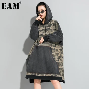

[EAM] Women Gray Camouflage Big Size Denim Long Dress New Hooded Long Sleeve Loose Fit Fashion Tide Spring Autumn 2020 1R655