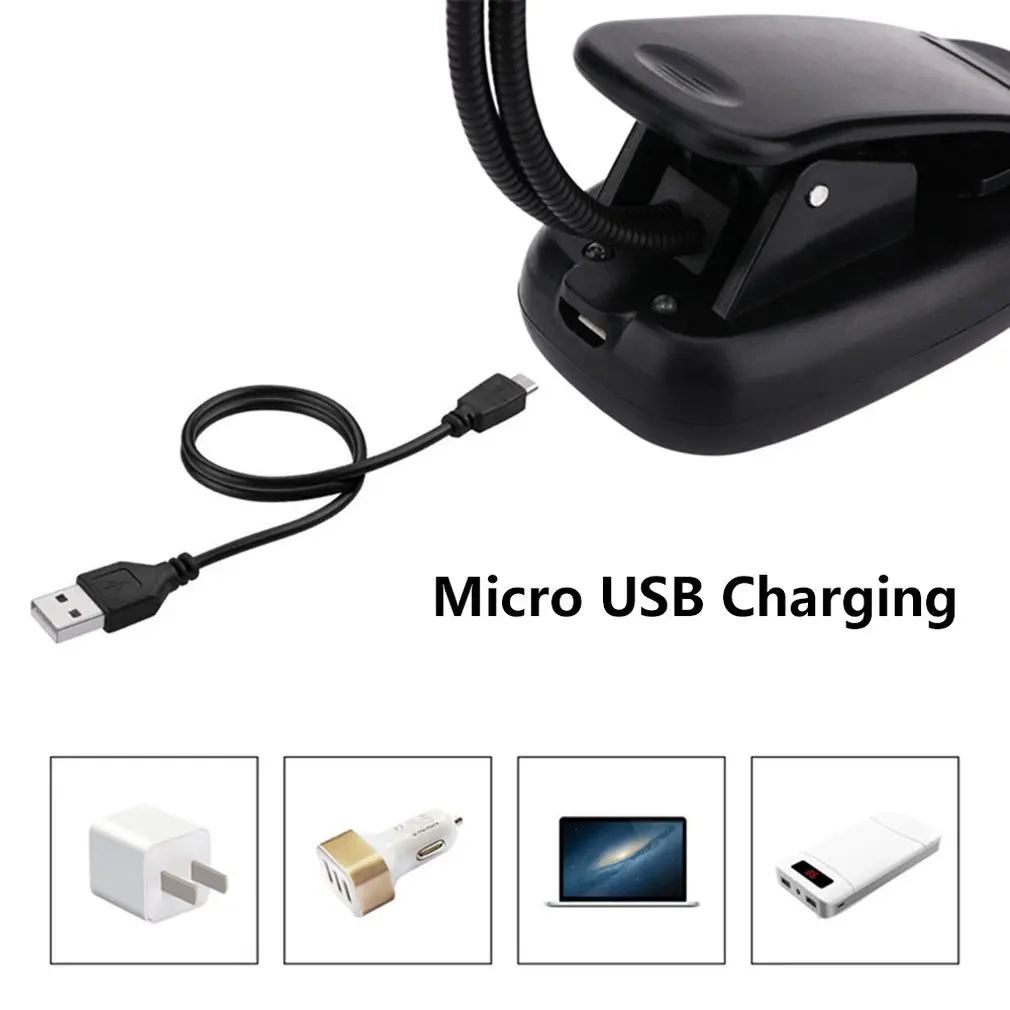 Charging LED book light sturdy clip ON bed reading light for Beds, LED Clip on Lamp Built in Battery for Reading Books