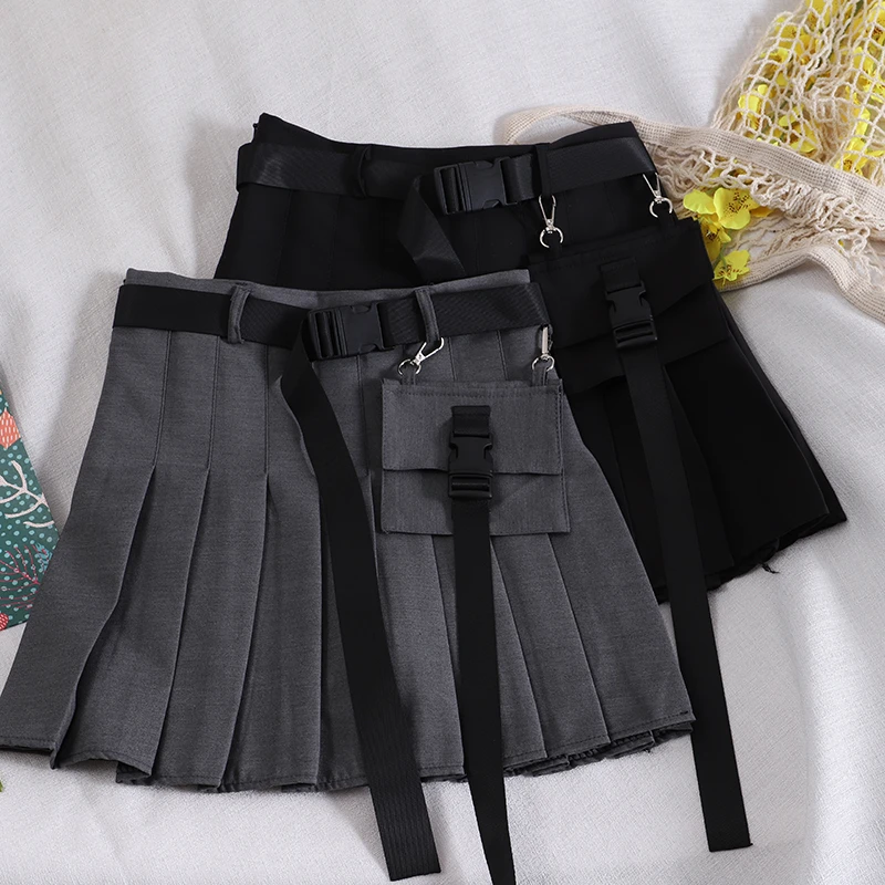 With Belt Pocket Pleated Skirt 2022 Japanese Spring Summer Women A-Line Short Skirt Female High Waist Black Overalls Mini Skirt golf skirt