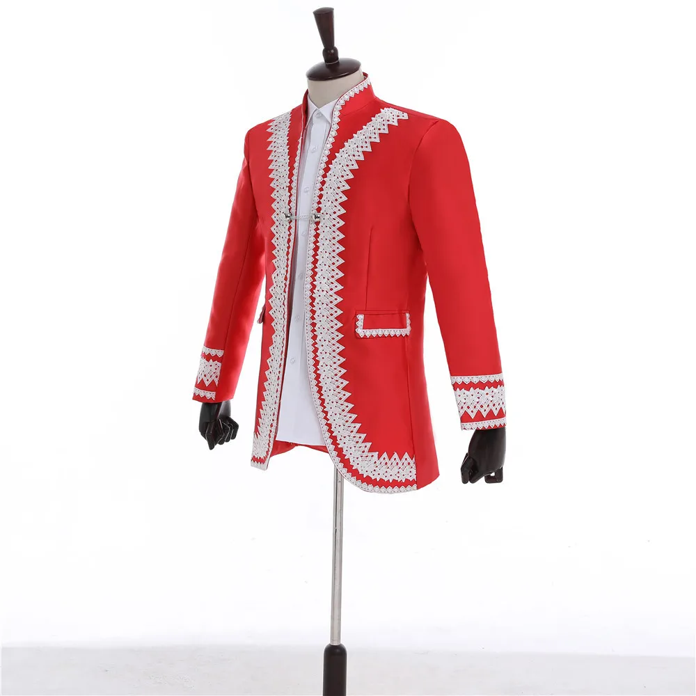 Классический красный мужской свадебный приталенный костюм, платье для выпускного вечера, танцевальное мужское кружево с цветочным узором, Блейзер, пиджак, мужские Модные сценические костюмы