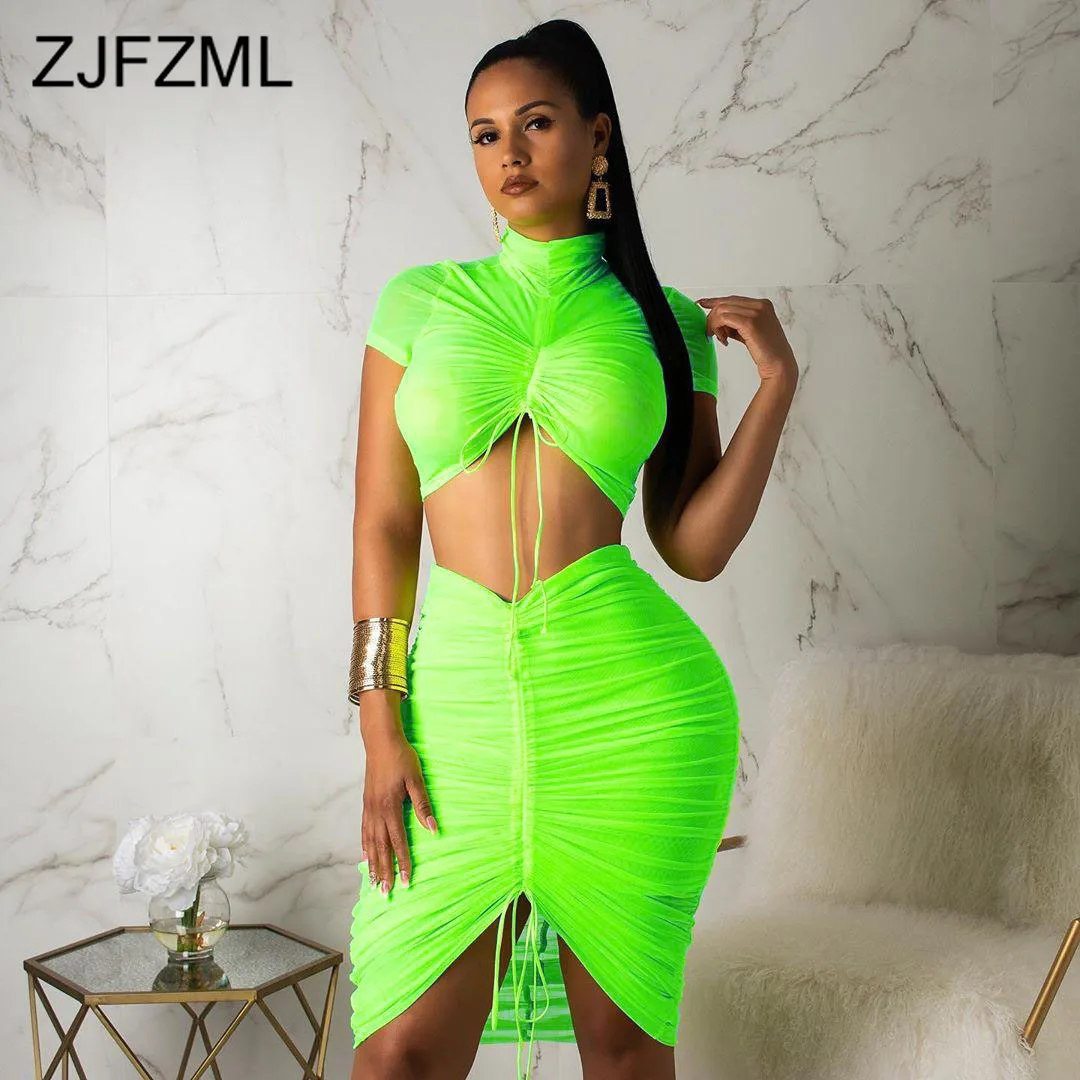 

Neon Green Yellow Sexy Two Piece Set Women Turtleneck Short Sleeve Crop Top+ Pleated Bodycon Dress Tracksuit 2 Piece Club Outfit