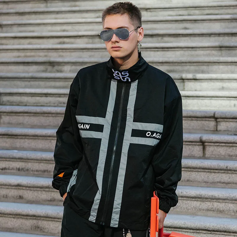 Men Hip Hop Jacket Windbreaker 3M Reflective Stripe Oversize Jacket Coat Embroidery Retro Jacket Streetwear Harajuku Autumn
