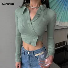 

Karrram Korean Style Sexy Slim Mint Green Shirt Women Ribbed Irregular Crop Top Autumn Fashion Designer Clothes Ladies Blouses