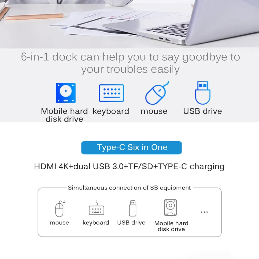6 в 1 Thunderbolt 3 Usb-C к Hdmi 4K адаптер Sd Tf кардридер Usb3.0 концентратор Pd Многофункциональный Usb3.0 концентратор