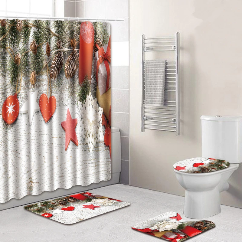 Zeegle Christmas Bath Mat Set with Shower Curtain Toilet U Type Mat Pedestal Rug Lid Toilet Cover Anti-slip Doormat Floor Rug - Цвет: 4003