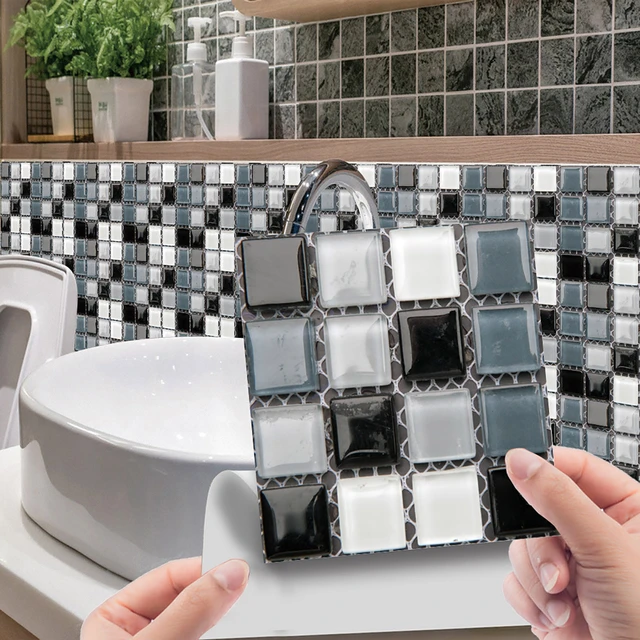 Tiles Wall Sticker Mosaic Tile Plaid Wallpaper Waterproof Bathroom Kitchen  10pcs 3d Crystal Creative Black Brick