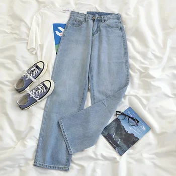 

Mooirue Women Casual Jeans 2020 Spring Summer Straight Korean Style Streetwear Solid Harajuku Blue Loose Straight Long Pants