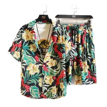 2021 New Hawaiian Beach Flower Shirt Short Sleeve Set Men's Loose Shirt Shorts Two Piece Set Men's