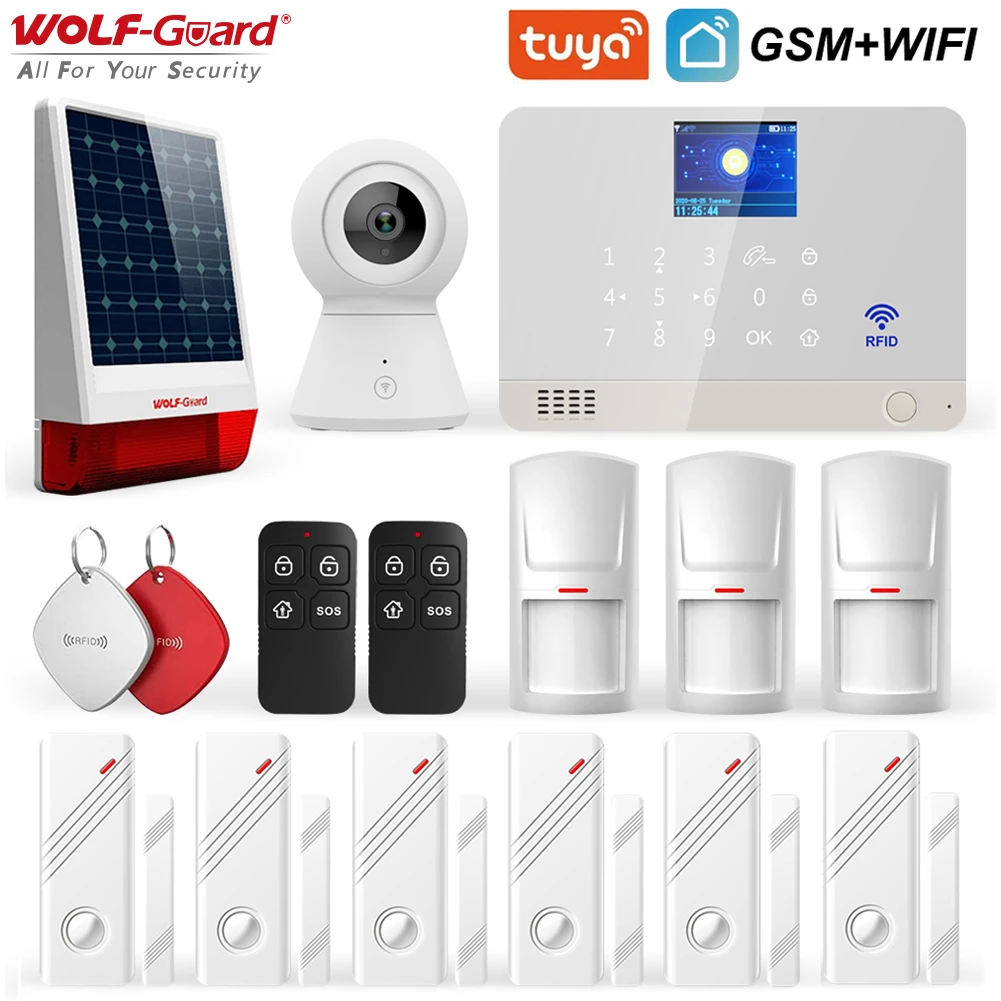 Wolf-Guard Wifi GSM LCD Home Alarm Security System TuYa APP Control 11 Languages DIY Camera Solar Siren PIR Detector Door Sensor