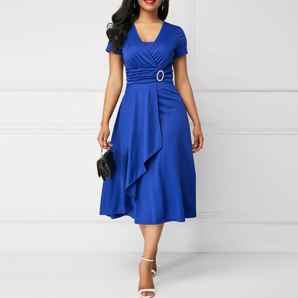 

Summer Office Dress Elegant Women Short Sleeve V Neck High Waist Ladies Work To Wear Blue Plus Size Ruffles Dresses Large Size
