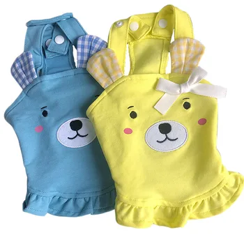 

Cute Girl Dog Clothes Dog Overalls Dress Yellow Blue Cotton Skirt Bear Pattern Jacket Dresses With Bowknot Puppy Coat Apparel XL