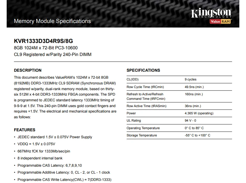 Оперативная память kingston REG ECC DDR3 4 ГБ 8 ГБ 16 ГБ 1333 МГц 1600 МГц 12800R ECC CL9 240pin 1,5 V PC3-10600 DIMM работает только на серверах