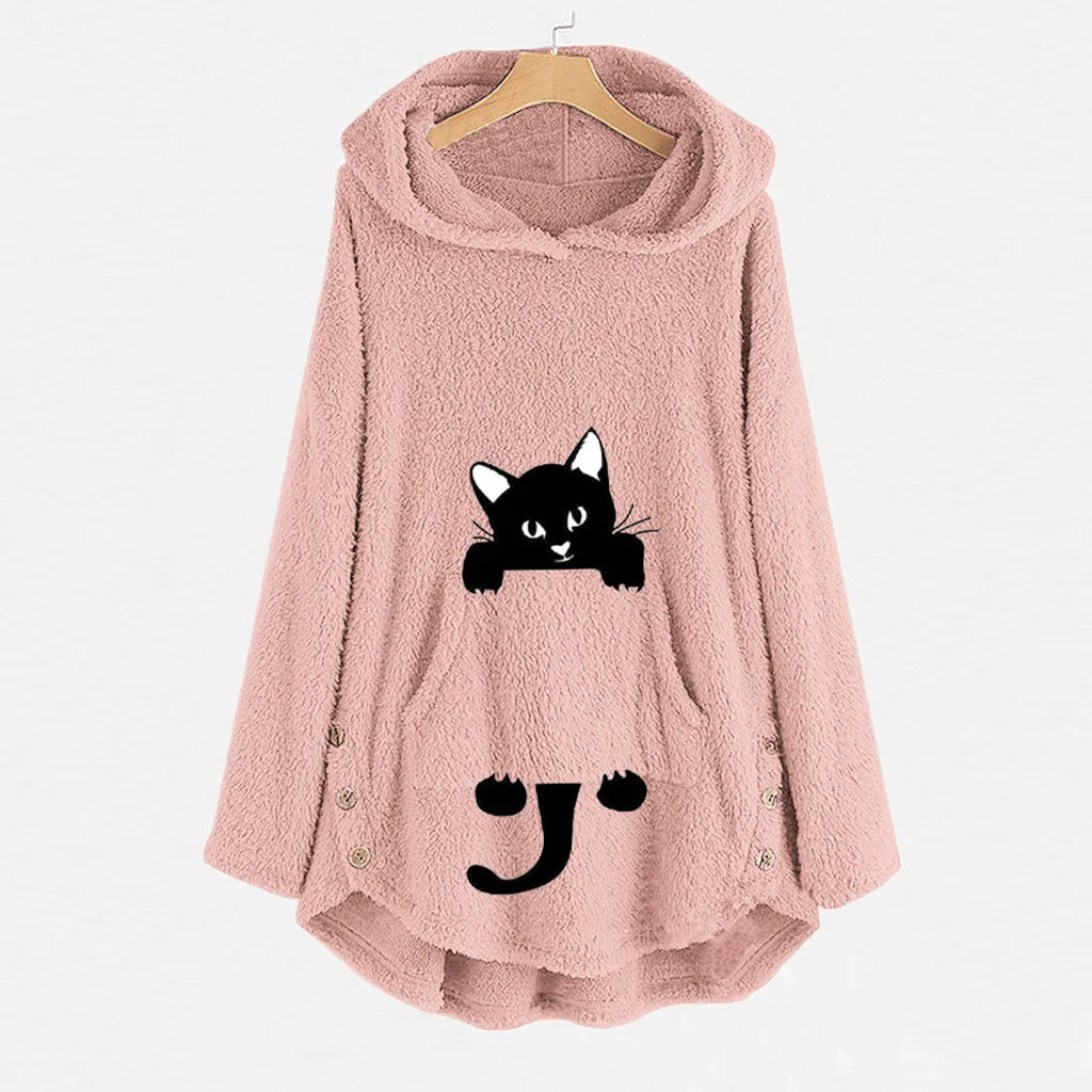 Womens Winter Plush Coat Fleece Cat Embroidery Warm Hoodie Top Plus Size Button Lady Pocket Outwear Long Pullover Womens Warm