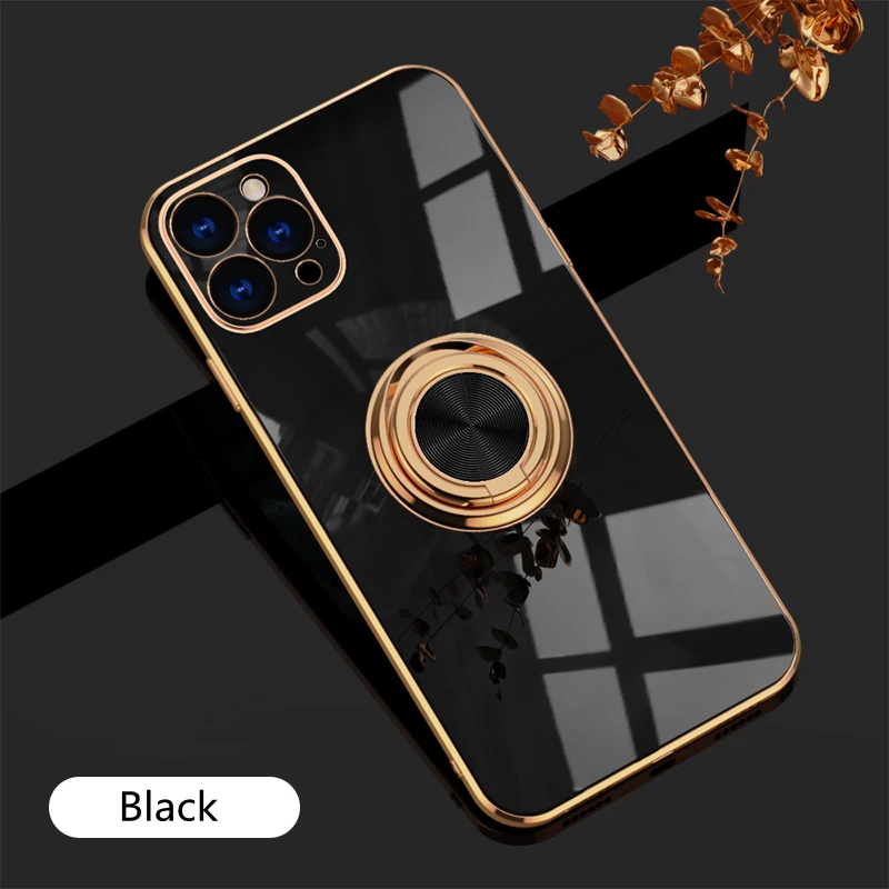 thumbnail image 1 of Luxury Plating Silicone Case For iPhone 15 14 13 12 11 Pro Xs Max Mini SE X XR 7 8 Plus Metal Ring Holder Stand Soft Phone Cover, 1 of 5